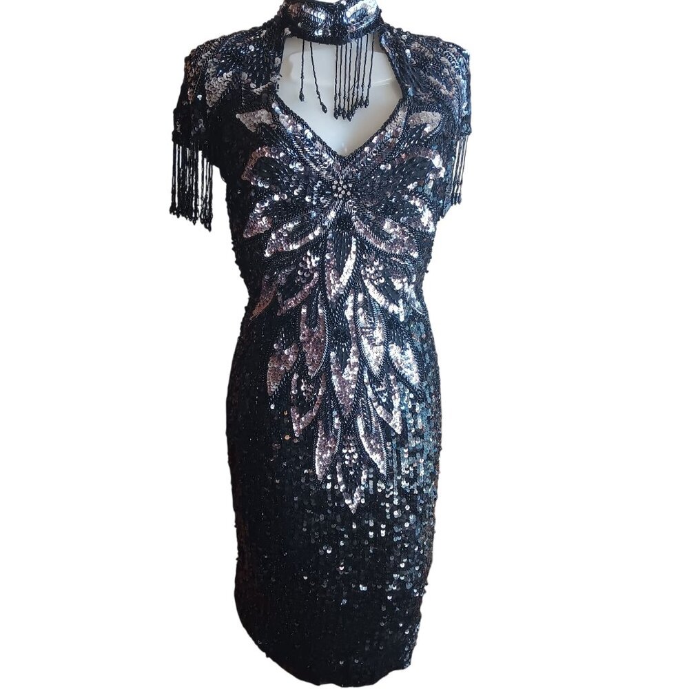 sz 4 Vintage Sequin  Beaded Black Dress Fringe Sleeves Choker Necklace Nite Line